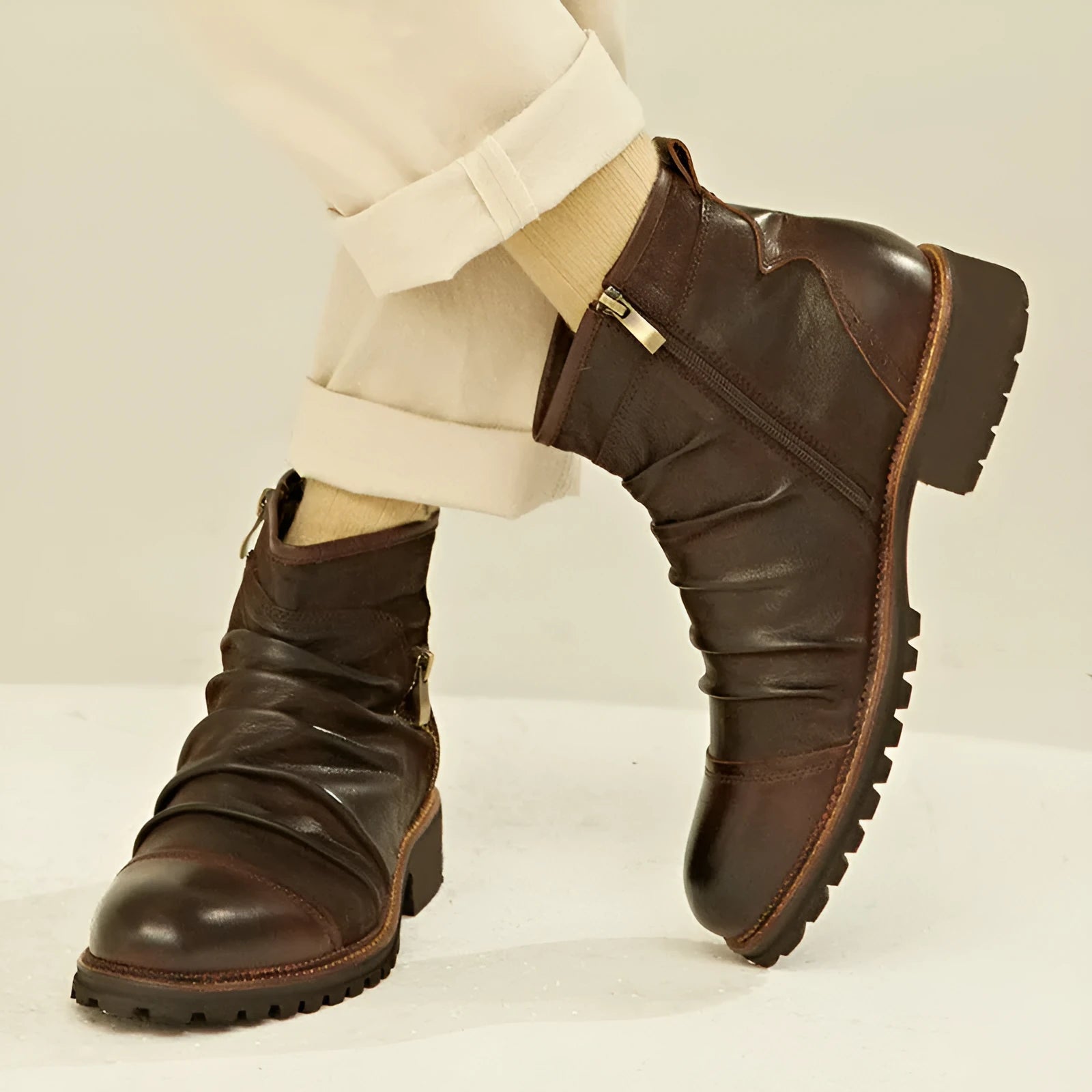 Men's black artificial PU cowboy boots with side zipper, round toe, and a mid-height horseshoe heel.