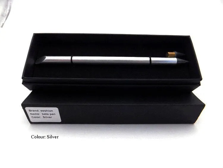Silver inkless metal pen with 0.5mm alloy nib, spare nib, and fabric pen bag on a box.