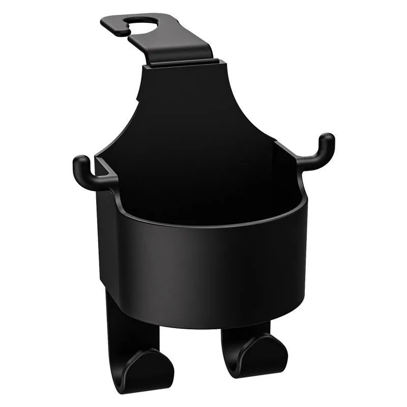 Black plastic car seat back hook organiser with cup holder mounted on vehicle headrest
