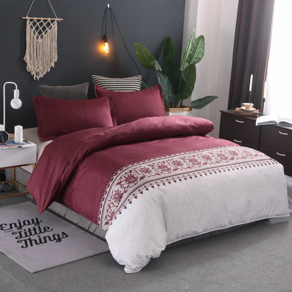 Polyester duvet cover set with plain weave reactive printing in peacock blue colour on a bed