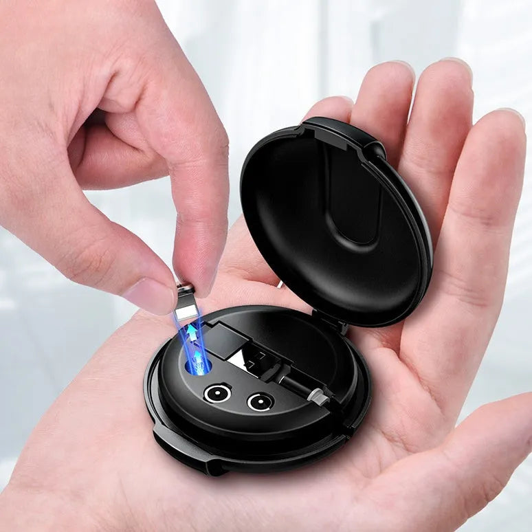 3-in-1 magnetic retractable style charger in black with 1m cable for universal phone charging