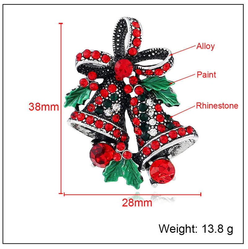 Christmas suit pin brooch alloy inlaid gems ancient gold Bells motif