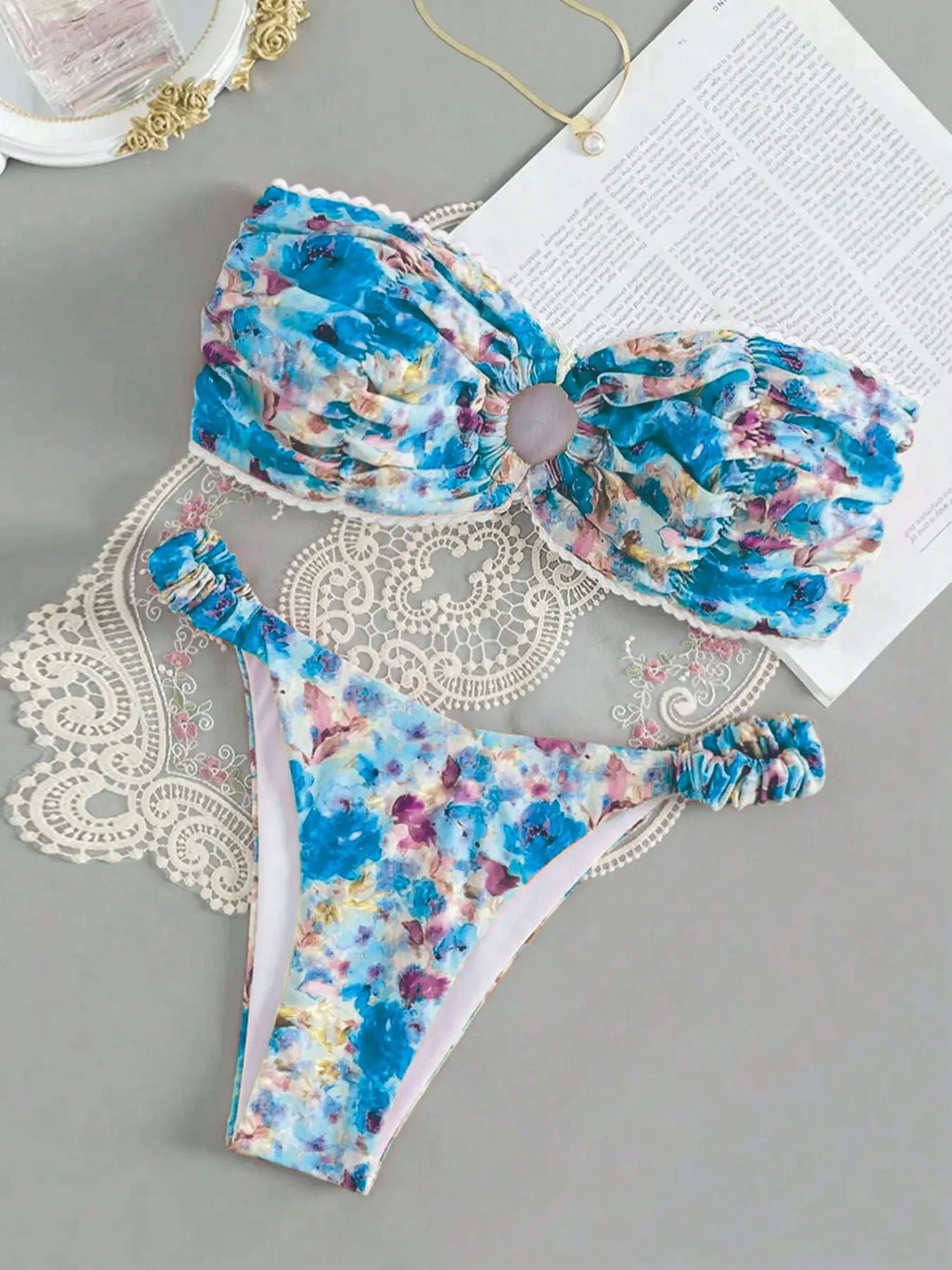 Floral printed tube top bikini set with matching briefs in blue colour option