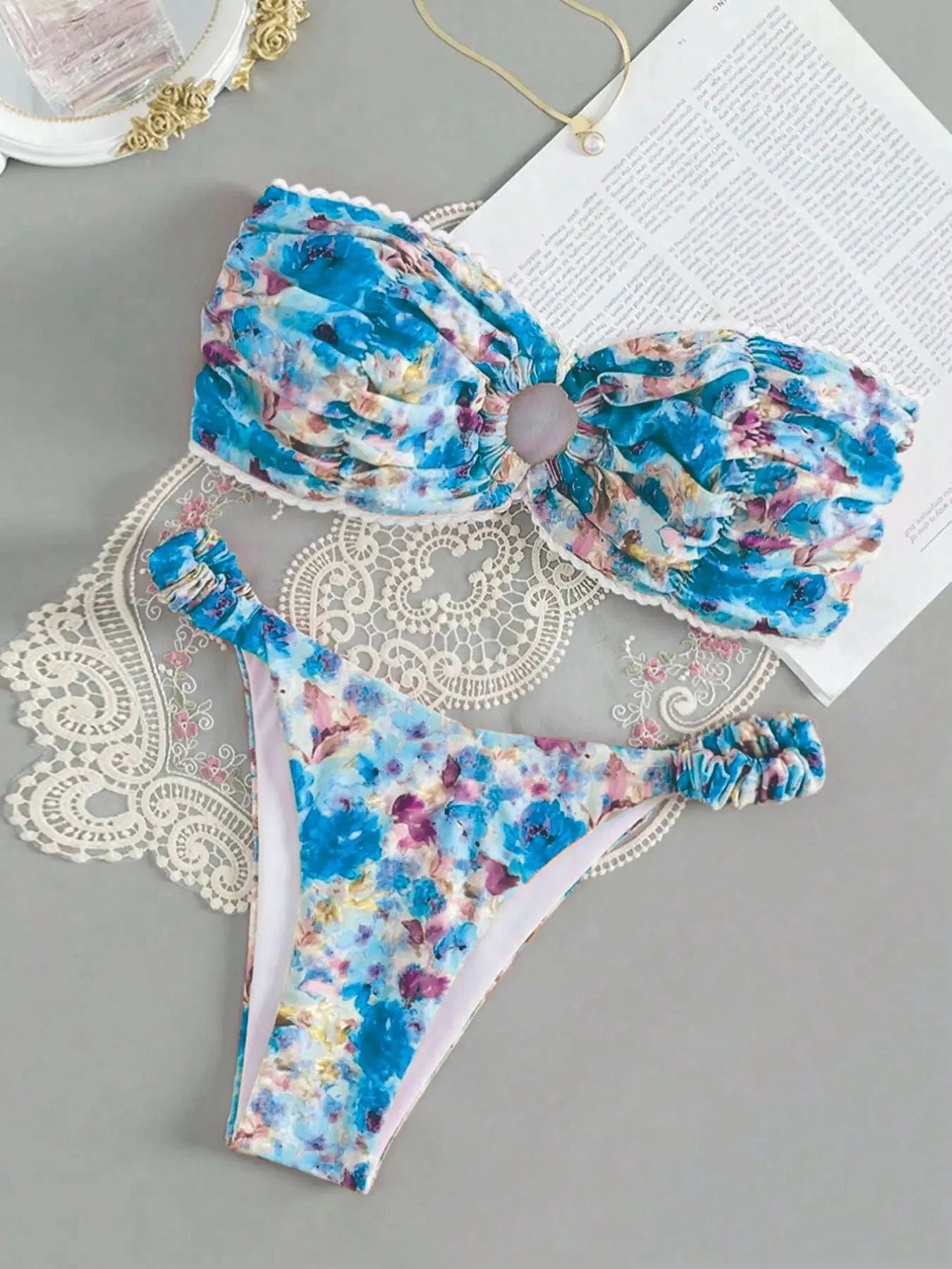 Floral printed tube top bikini set with matching briefs in blue colour option