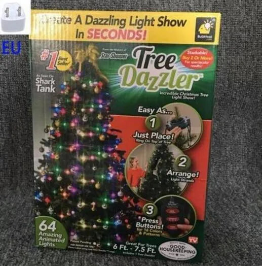 64 LED Dazzler shower tree lights on a Christmas tree, 1.8 metre length, with colourful illumination