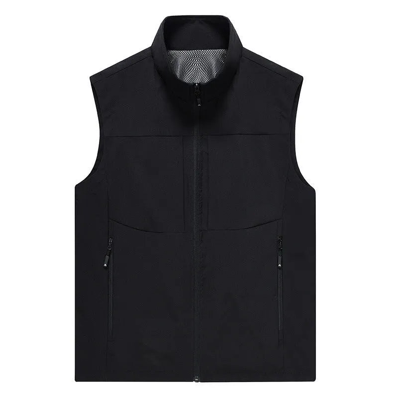 Men's solid colour stand collar polyester vest with zipper pockets in army green on a model