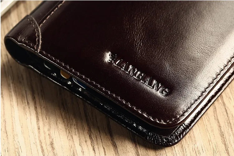 Men's black or brown leather wallet open to show photo window, card slots, and coin pocket.