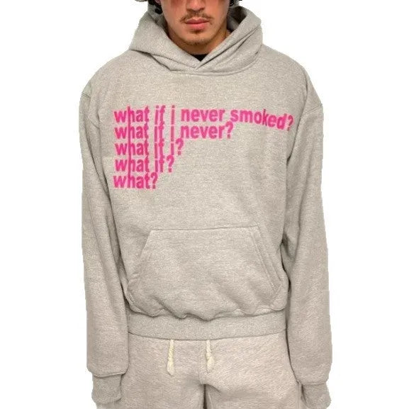 Letter print heavy hooded sweater pullover in black, front view, with hooded collar and figure pattern