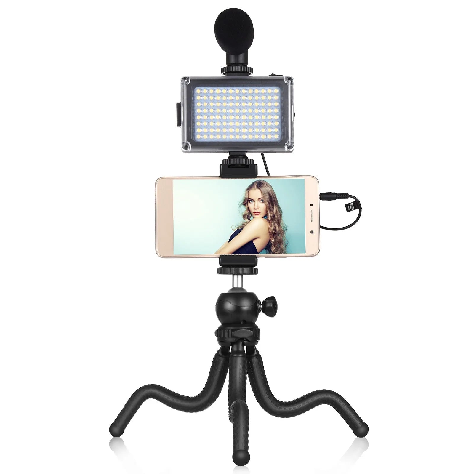 Black Octopus Tripod Live Broadcast Kit with flexible legs, fill light, and microphone on a table