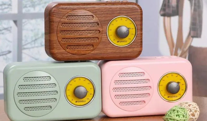 T1 portable Bluetooth speaker with wood grain finish showing compact design and speaker grille