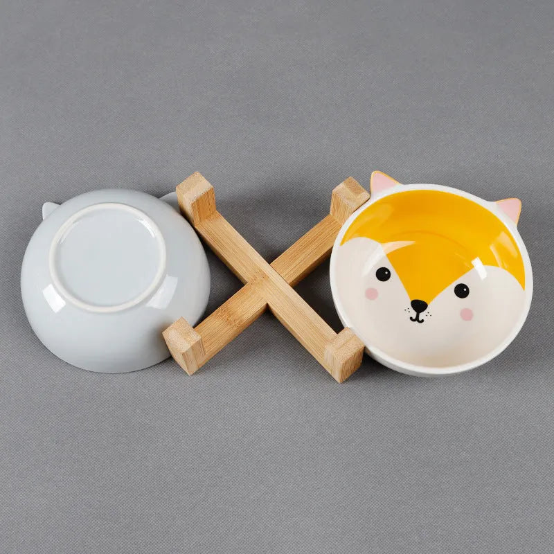 Ceramic cat food bowl with bamboo bracket, pink-eared fox design, bowl 13x5.5 cm