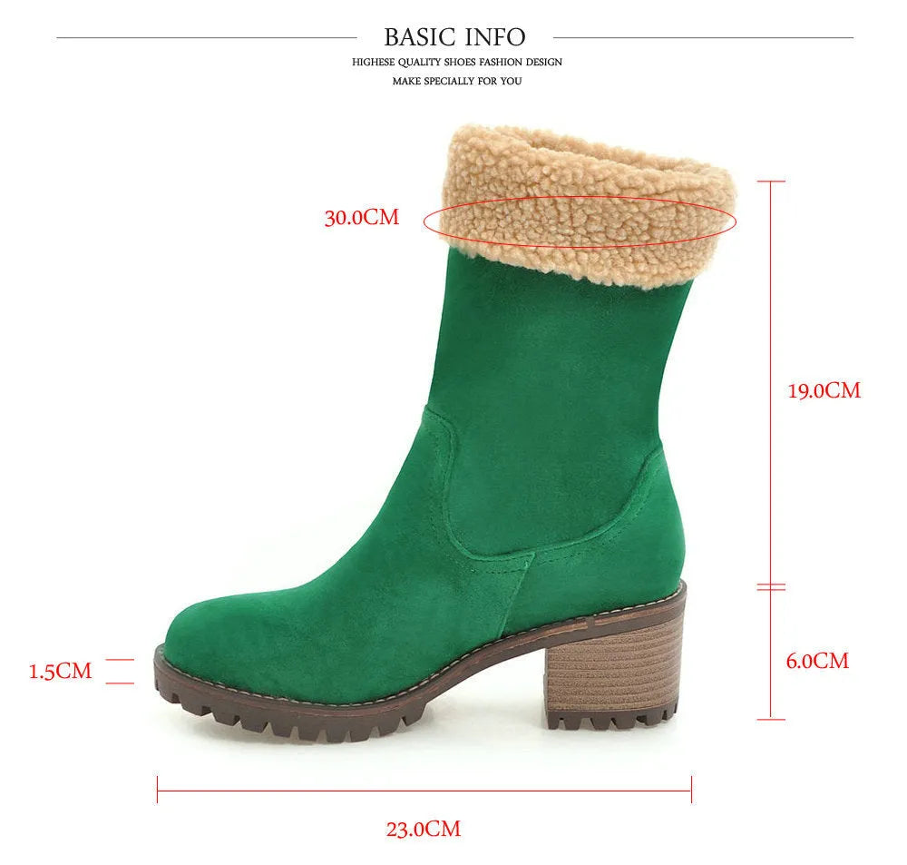 Ankle-high snow boots with a rubber sole and plush lining, shown in black, grey, green, and orange.