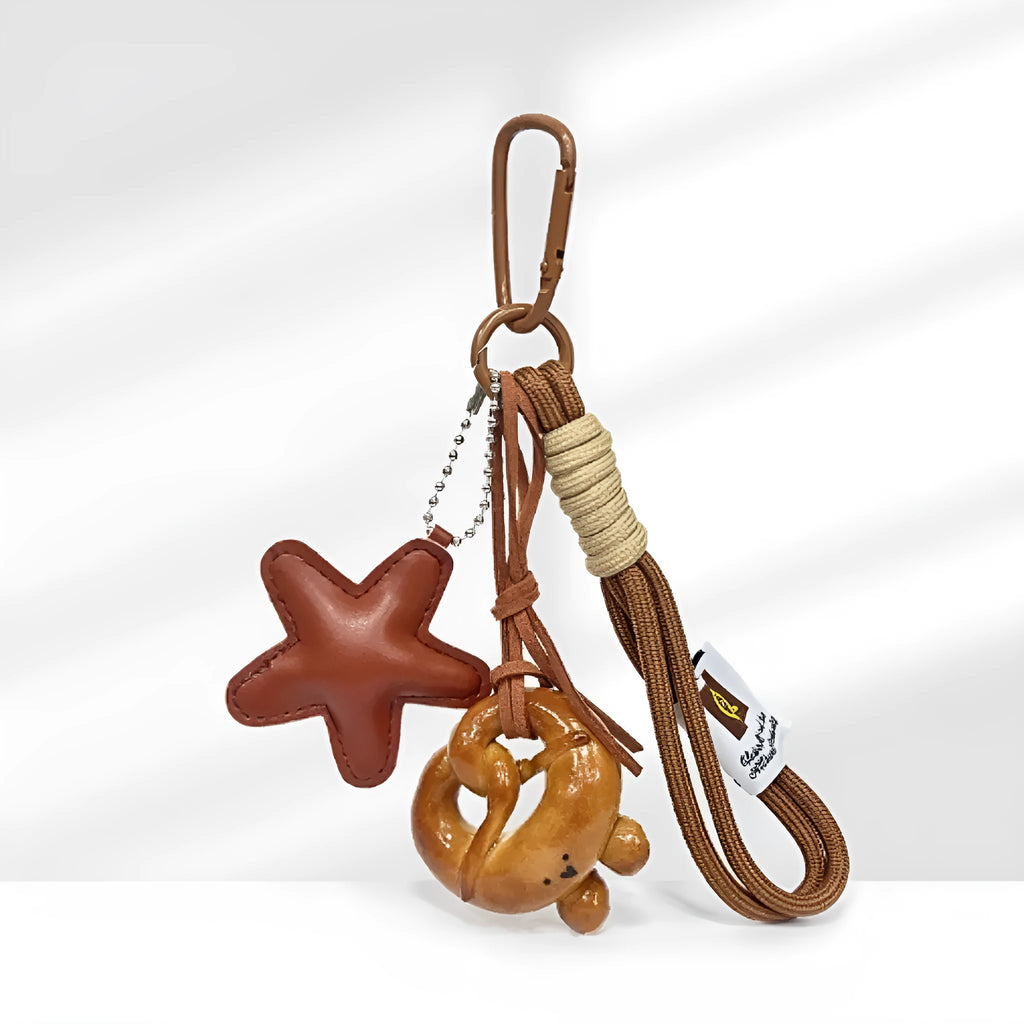 Handmade soda bread handbag pendant with baking varnish finish and cartoon food designs