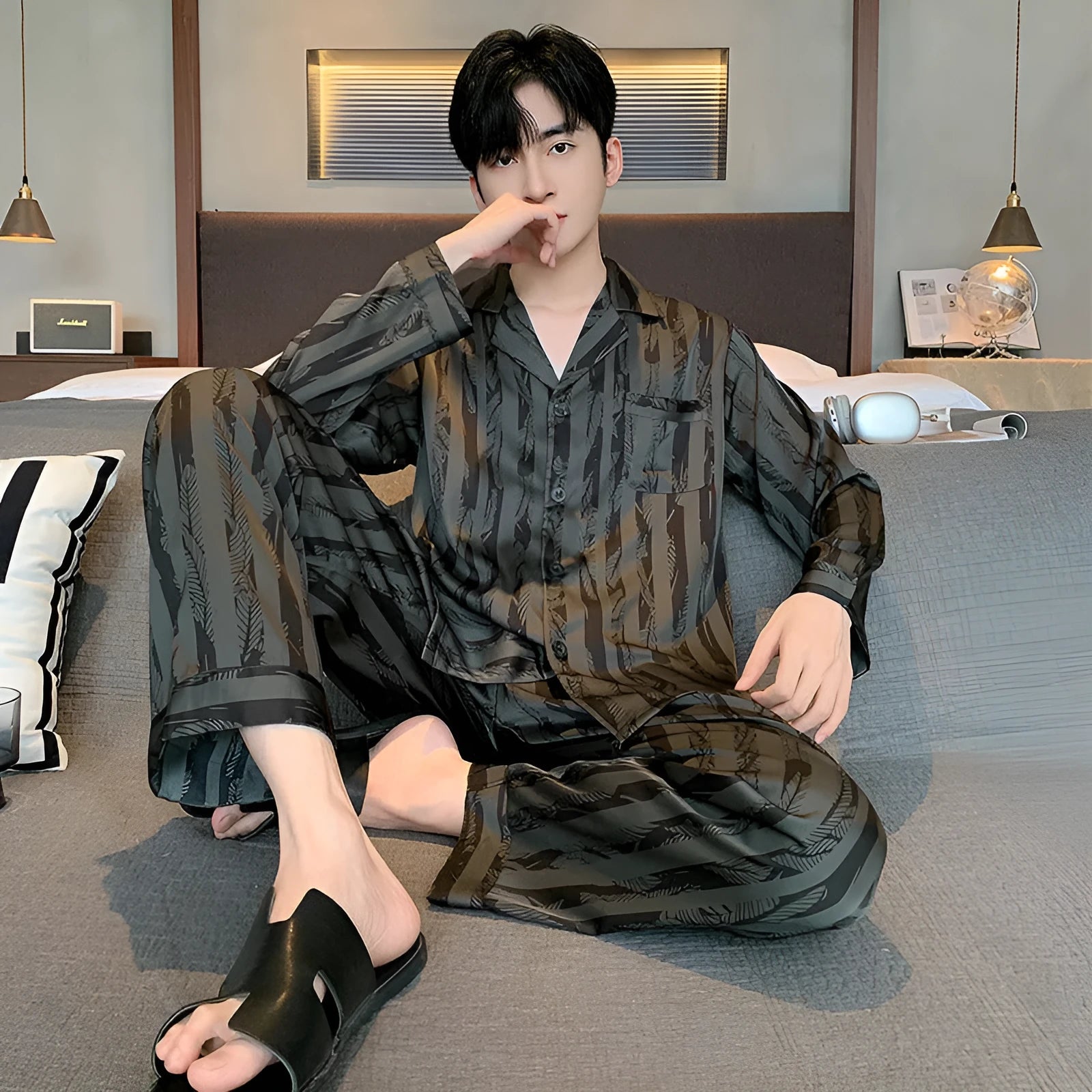 Ice silk men's pajama set with V-neck long sleeve top and thin trousers in Black Stripes