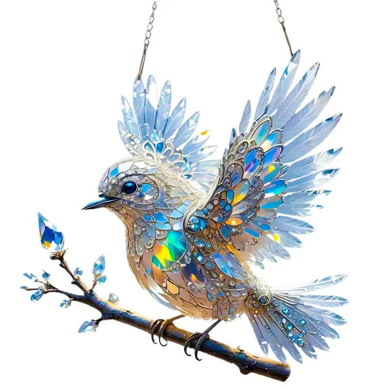 Square acrylic bird pendant ornament with colourful cartoon design, shown in 15cm and 20cm sizes for wall decoration.