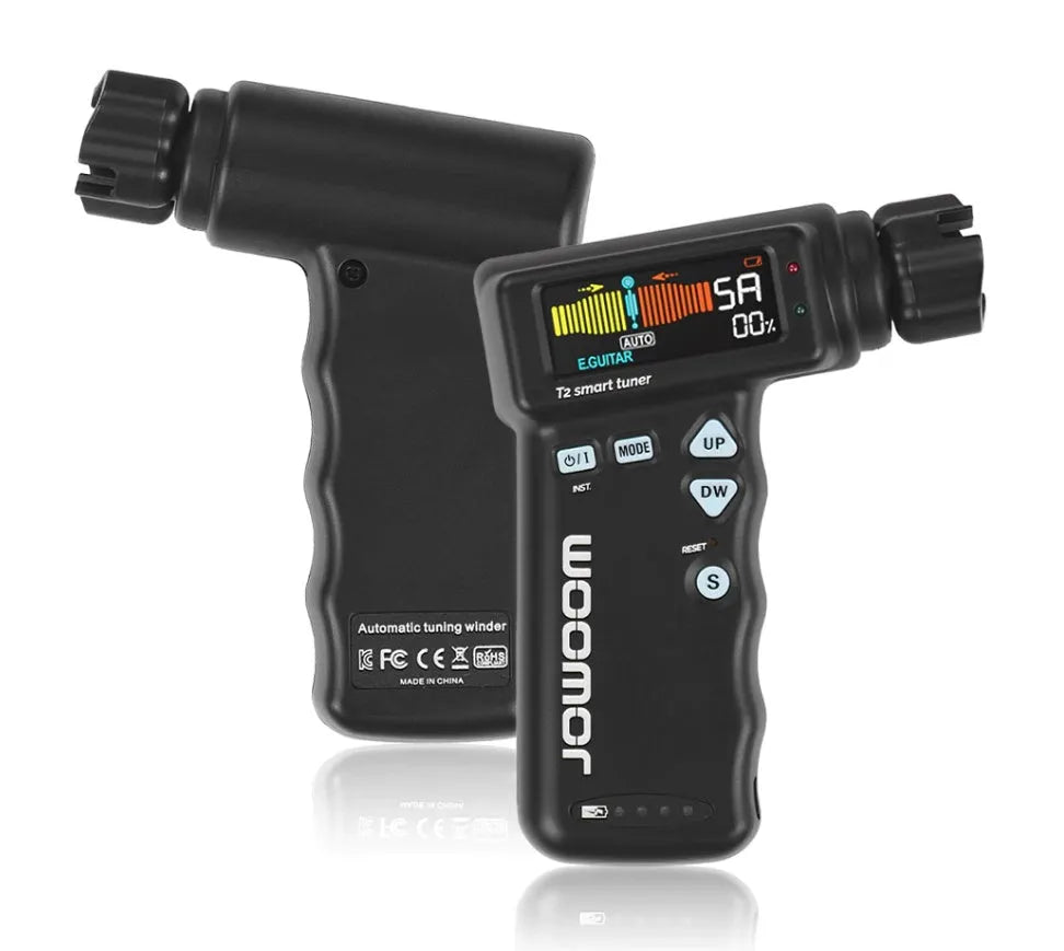 Multi-functional smart guitar tuner with string winder 2-in-1 tool, black and white, with colour LCD display showing tuning status