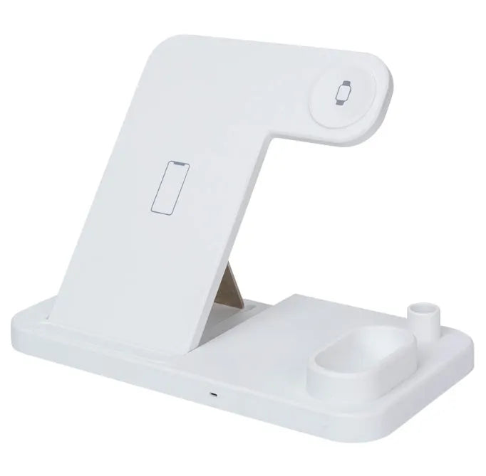 Black 4-in-1 wireless charging station for iPhone, Apple Watch, AirPods and Apple Pencil on a desk