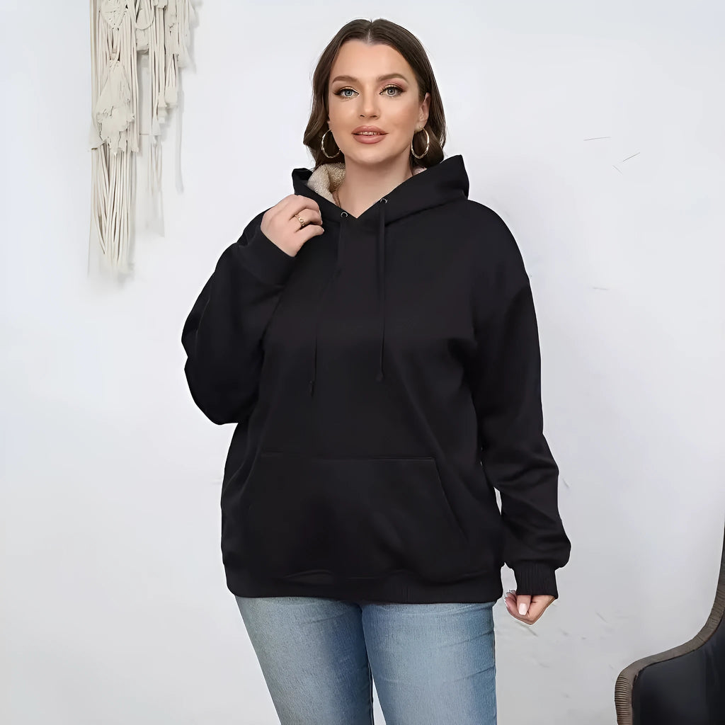 Women's loose fit grey hooded sweater with 3D raised pattern and front pocket