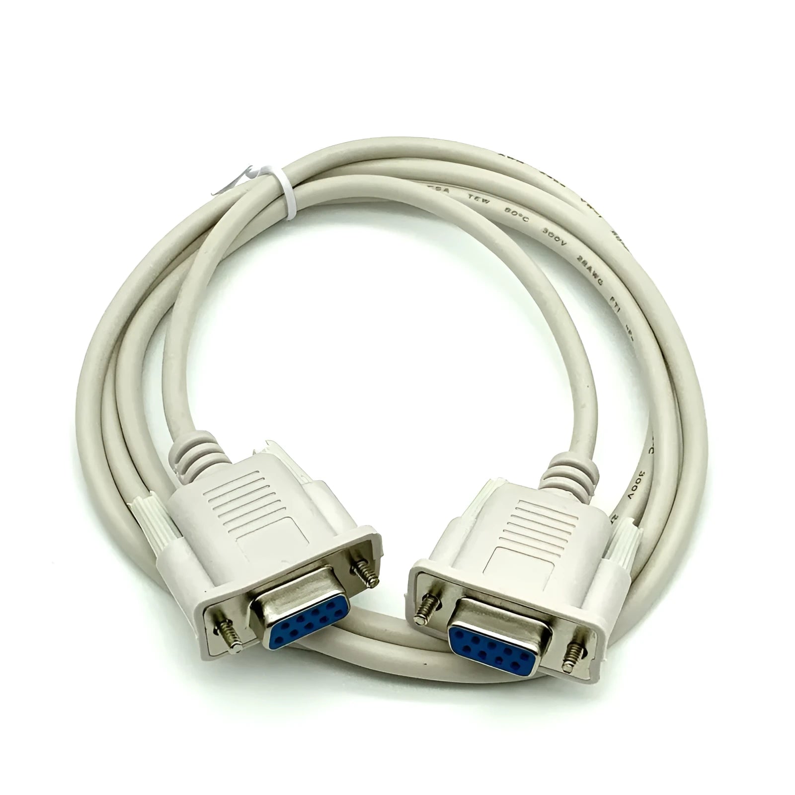 Milky white RS232 DB9 female to female serial cable measuring 1.5 metres with cross connection