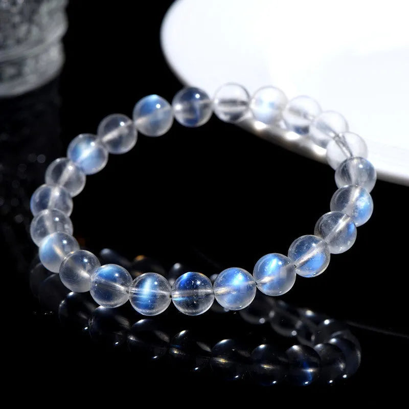 Natural cream body blue moonlight crystal bracelet with ground finish beads available in various sizes