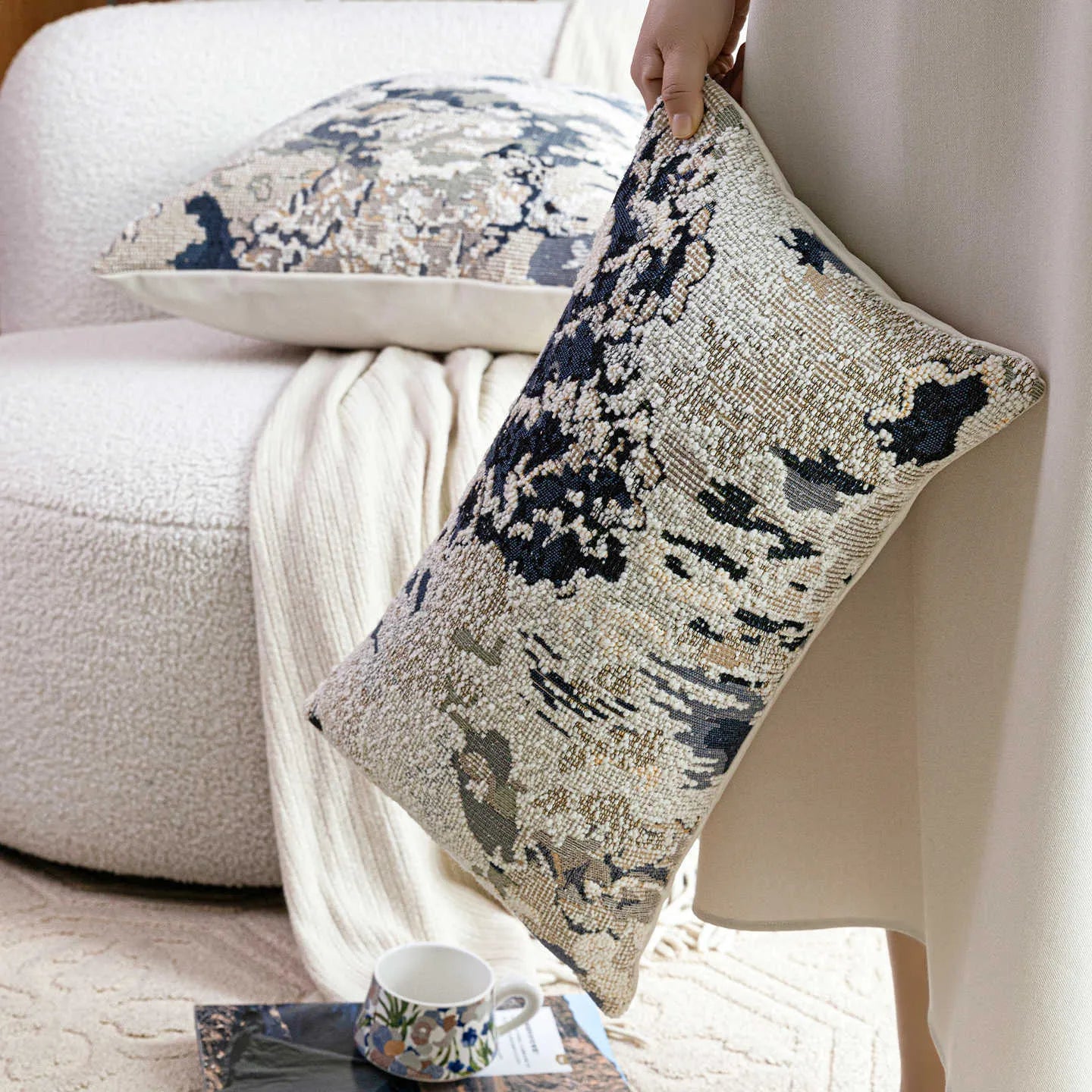 Antique blue wool blend cushion with Chinese floral pattern and feather velvet filling