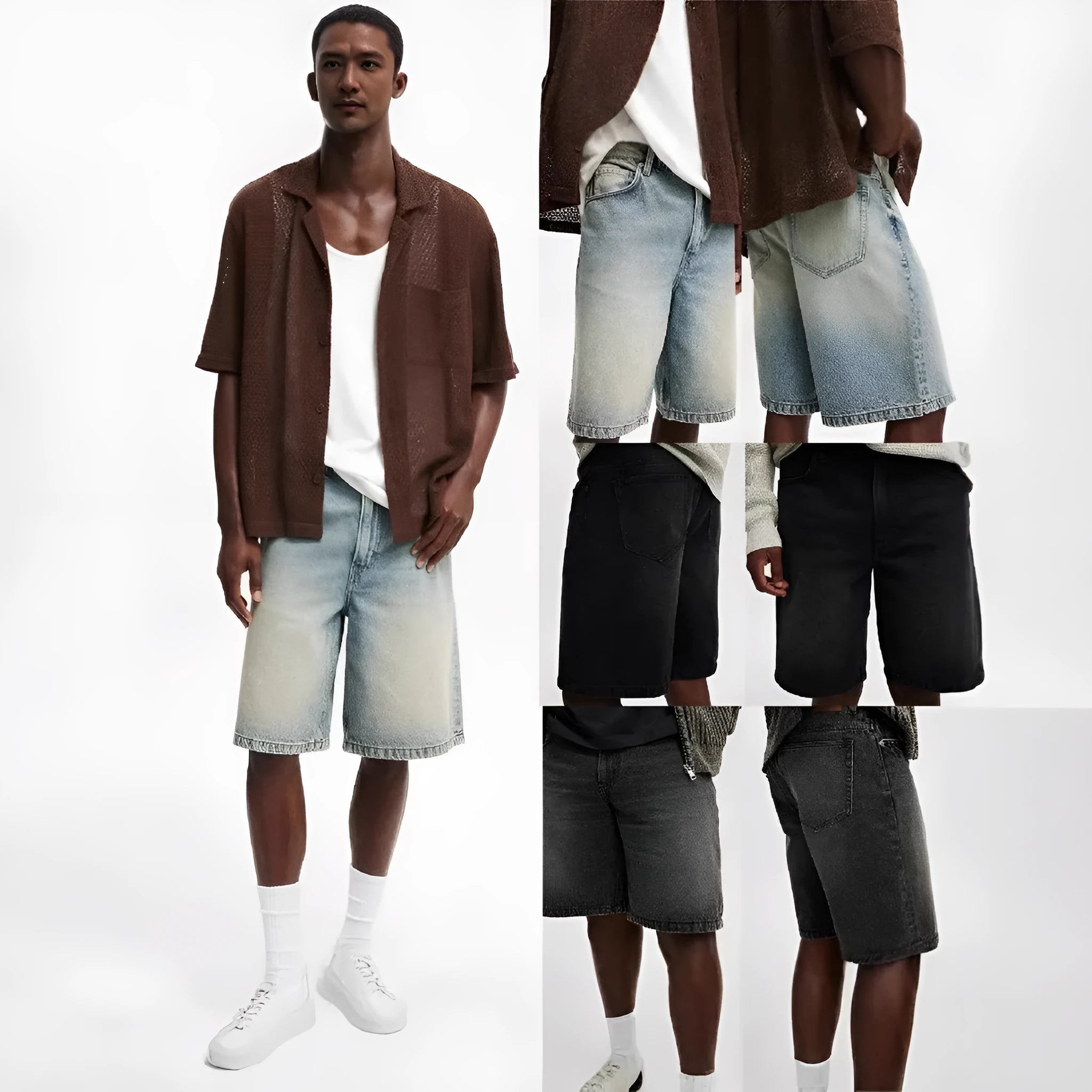 Men's loose straight leg jeans in light blue, black, and grey colour options showing street style design