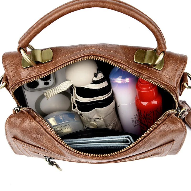 Women's soft PU crossbody bag in retro style with sandwich pocket, horizontal square shape