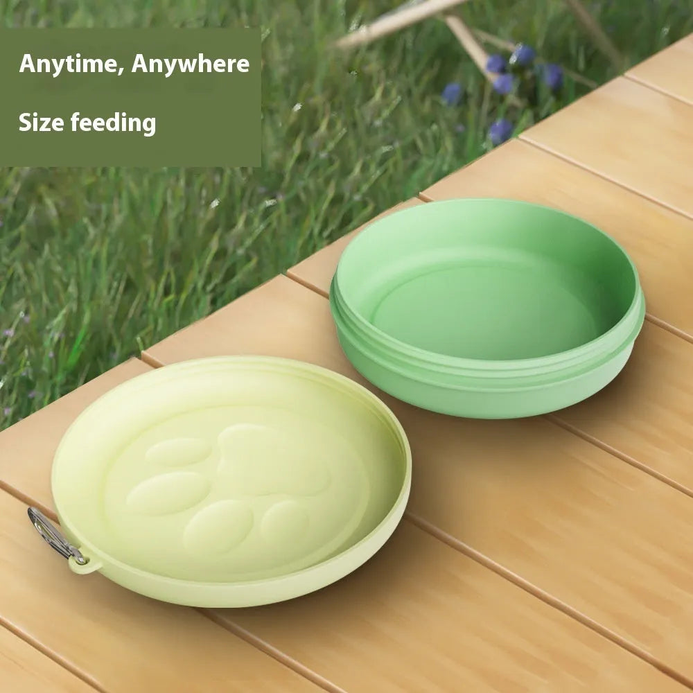 Collapsible silicone dog bowl in light pink shown folded and unfolded for portable pet feeding