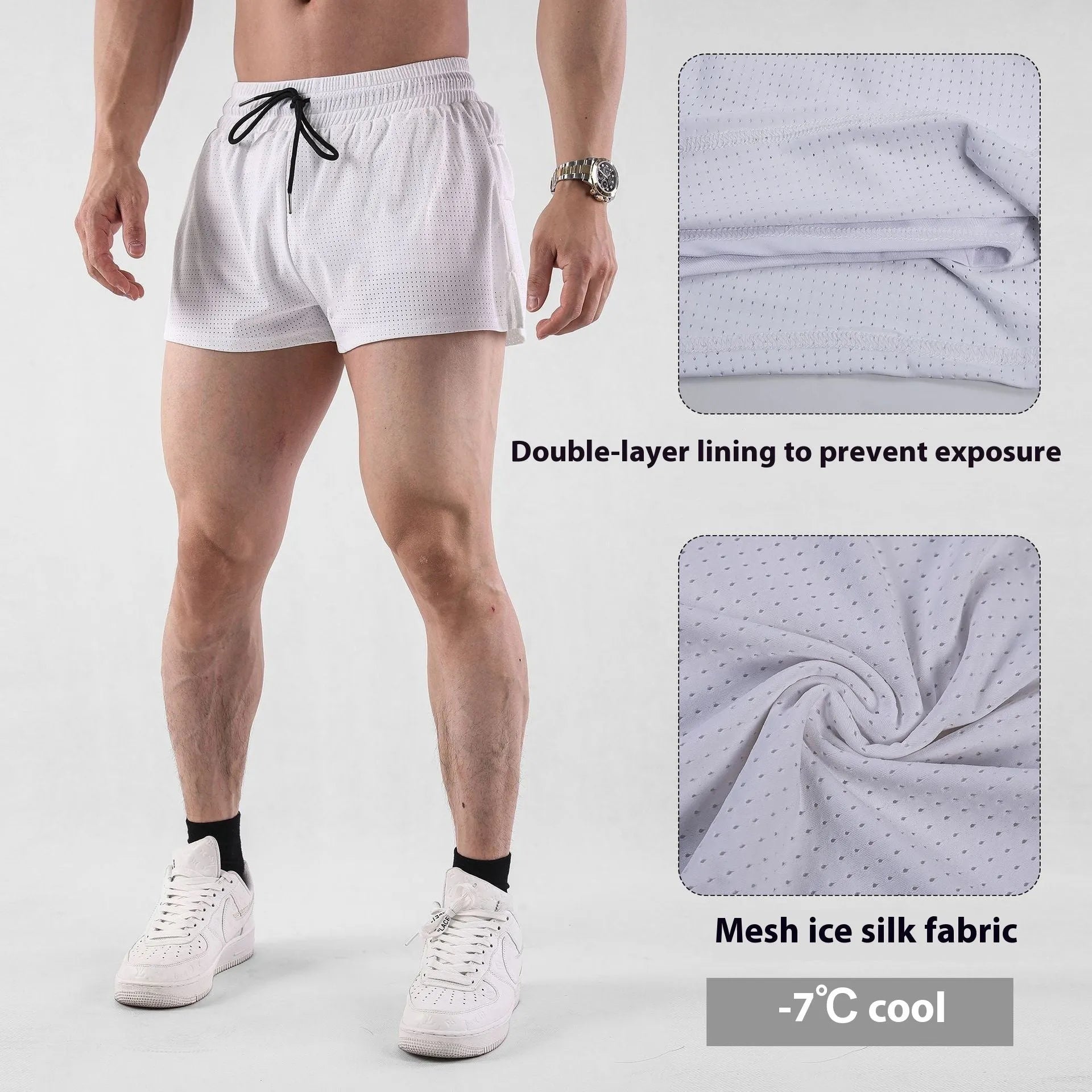 Men's quick-drying nylon summer shorts in black or white with mid waist design