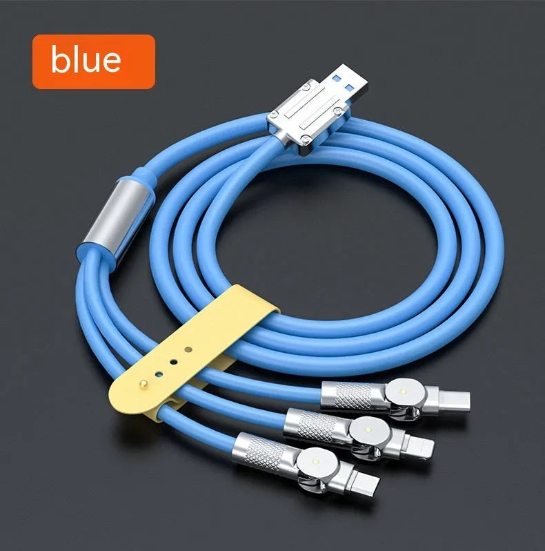 Zinc alloy rotating three-in-one data cable with light for Mini USB Lightning and TYPE-C, orange red colour