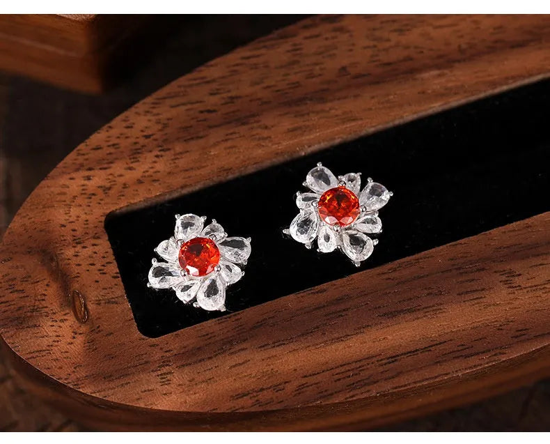 925 silver retro geometric red earrings with electroplated white gold finish and diamond temperament accent