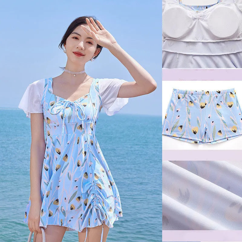 Women's one-piece swimsuit in Sea Salt Blue with flower pattern polyester fabric