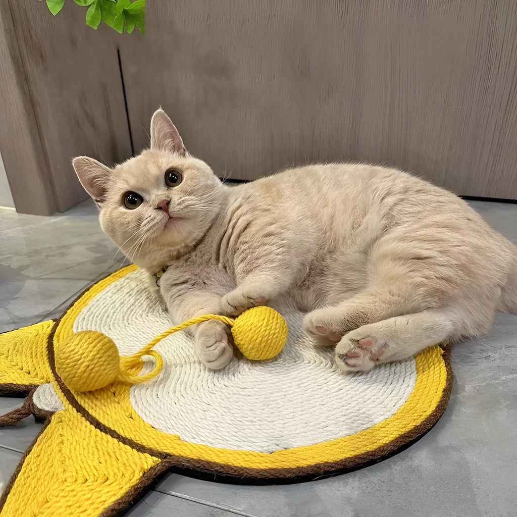 Yellow sisal cat scratching board with Corgi dog butt design, shown on a floor with a cat.