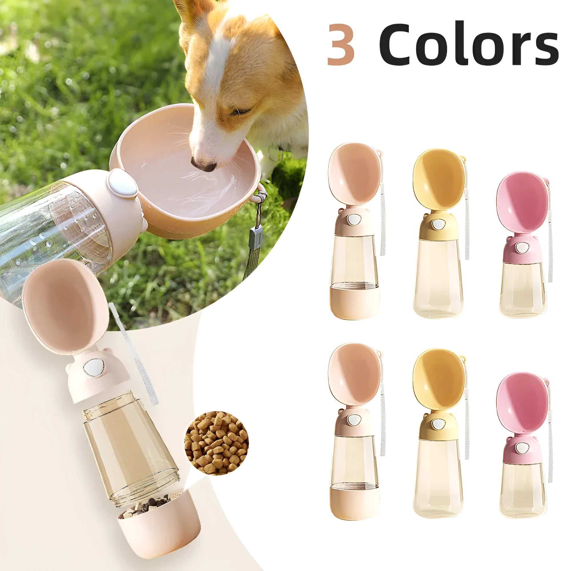 Portable dog water bottle and food container in yellow, pink, or brown colours for outdoor travel