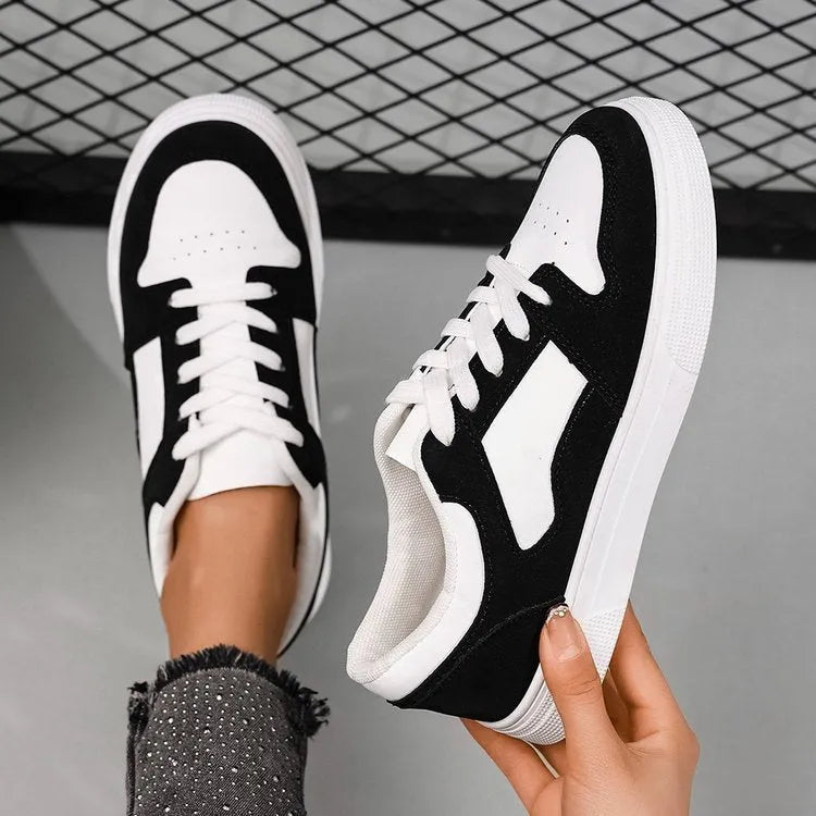 Black rubber sole casual women's sports shoes low top flat heel round toe lace-up shallow mouth