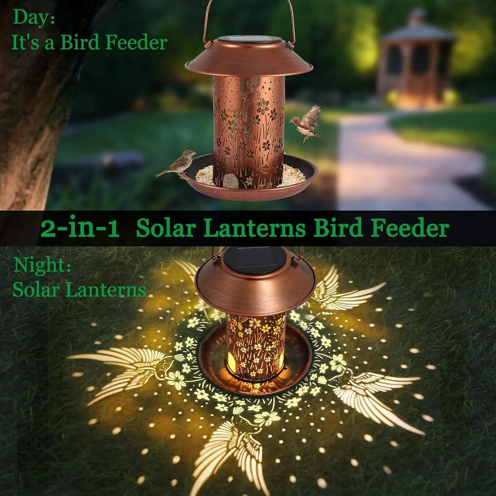 Solar powered iron art bird feeder lamp with hummingbird pattern design and LED light