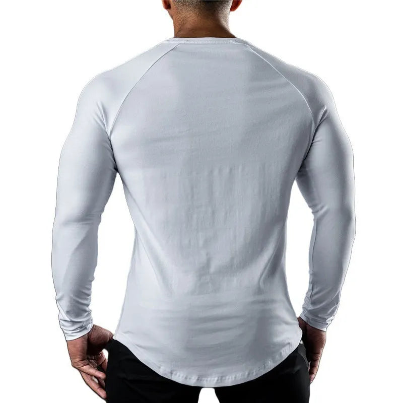 Men's long sleeve cotton sports T-shirt round neck quick-drying exercise top Army Green front view