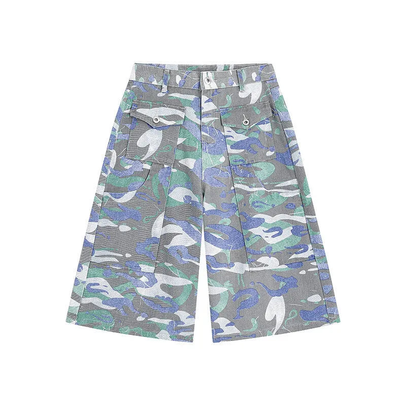 Men's camouflage cotton work trousers with straight leg and cropped length showing utility pockets