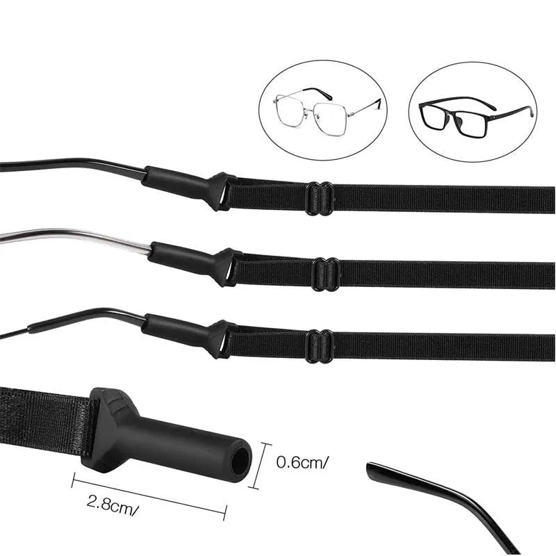 Black adjustable glasses cord with silicone end pieces shown on a pair of spectacles.