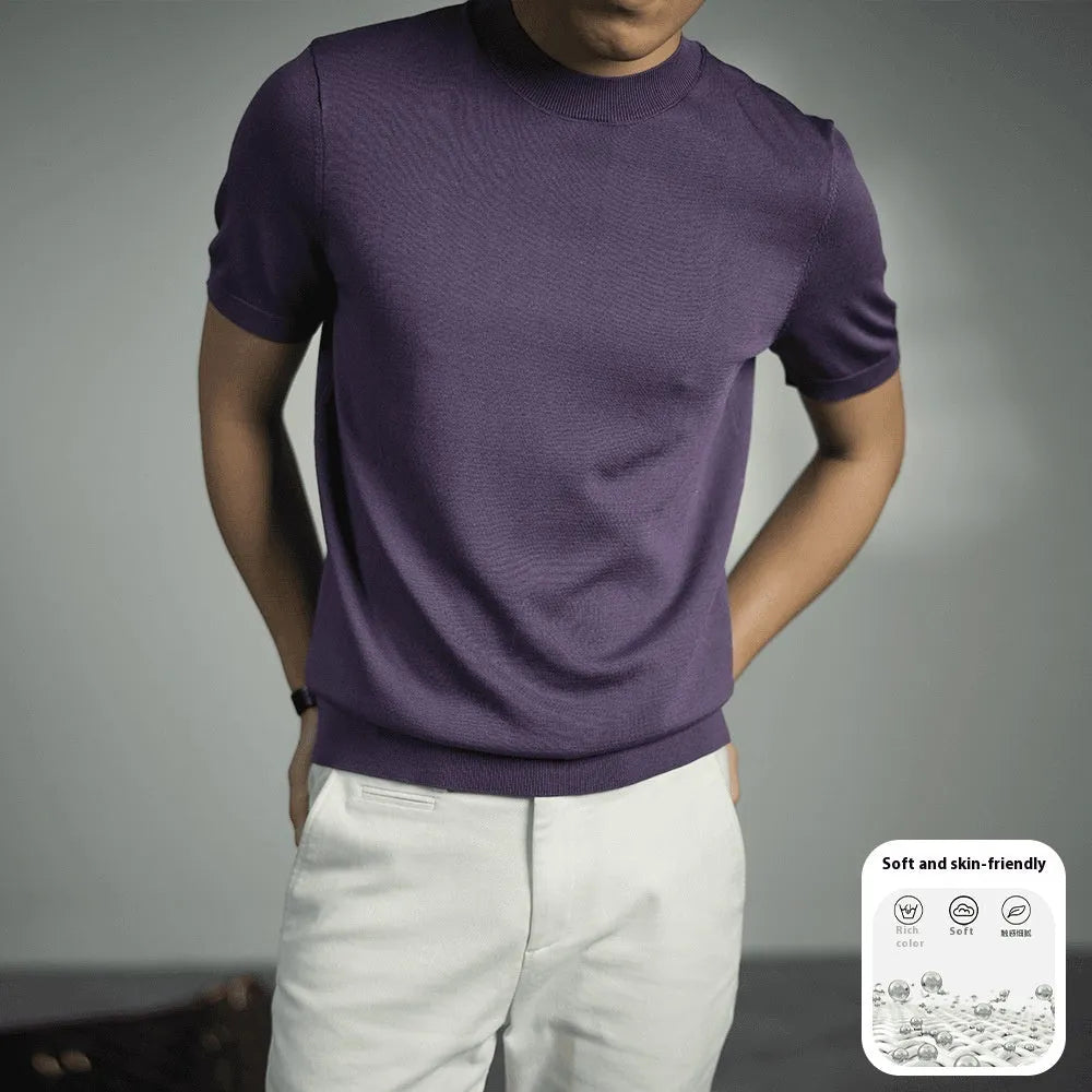 Men's knitted T-shirt in chemical fibre blend fabric with round neck and short sleeves in business gentleman style