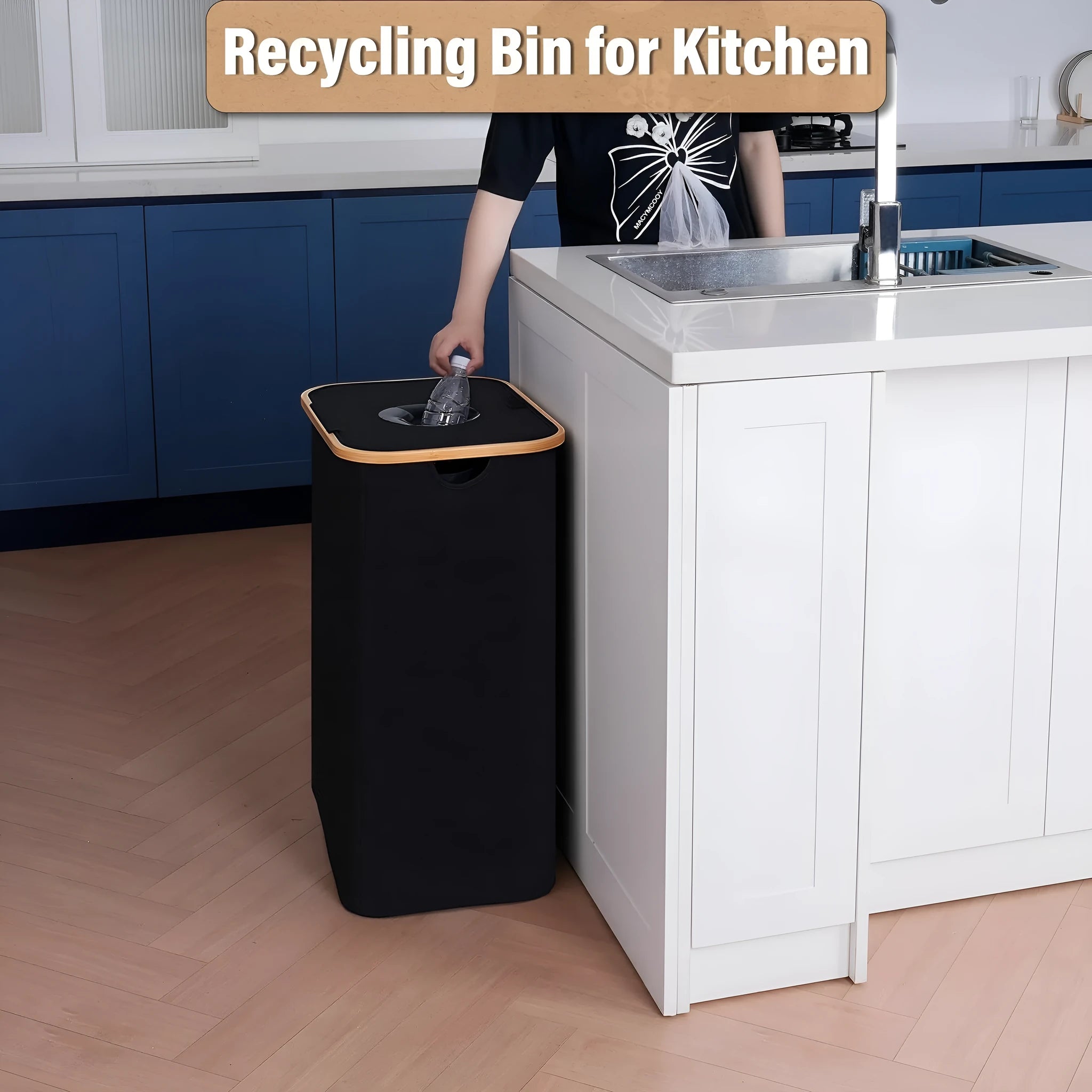 Black bamboo frame storage basket with removable lid and double inner pockets for bottle recycling organisation