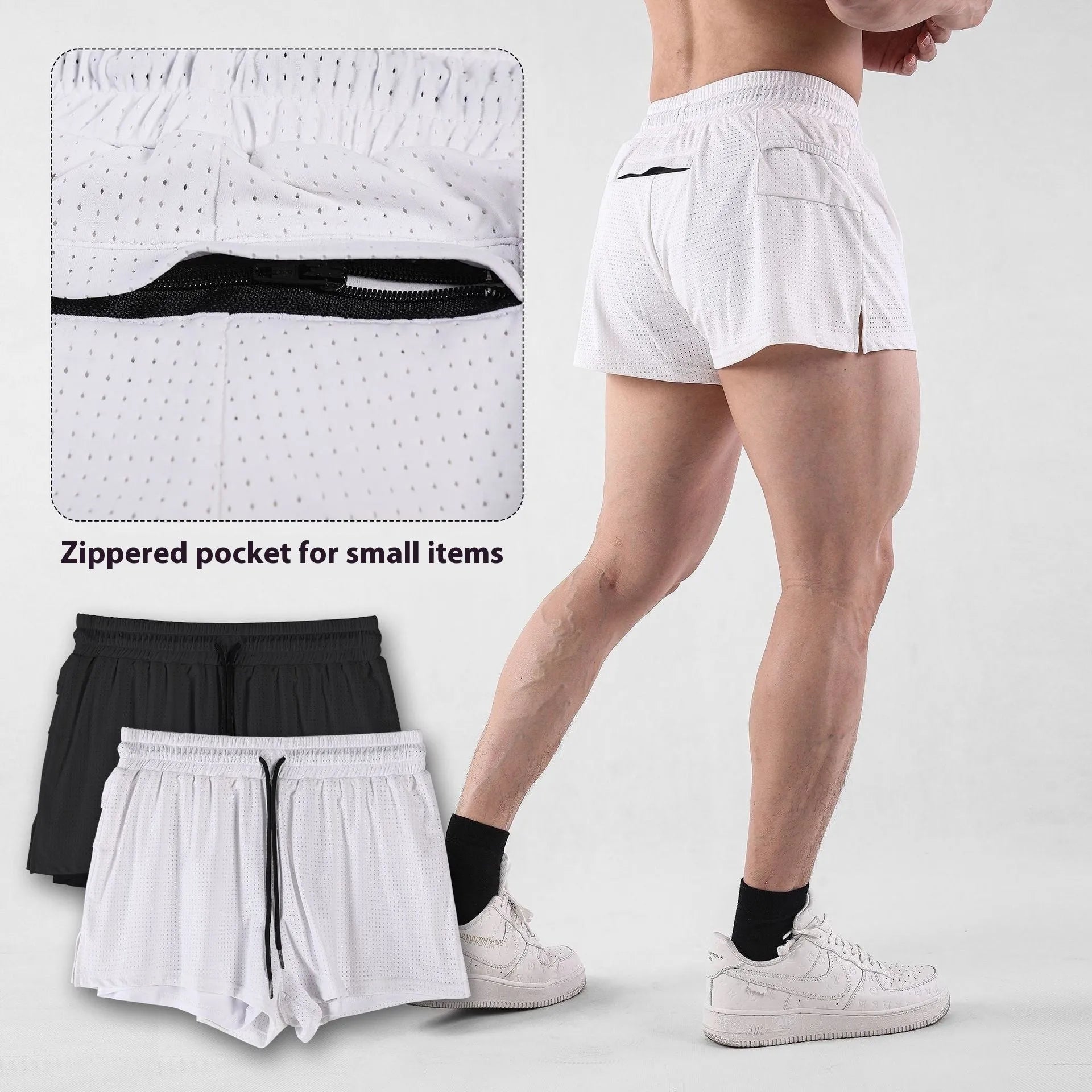 Men's quick-drying nylon summer shorts in black or white with mid waist design
