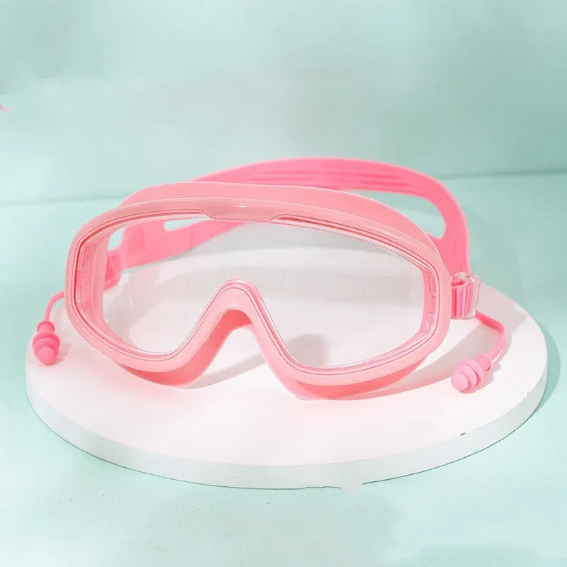 Large frame anti-fog swimming goggles in transparent blue for adults