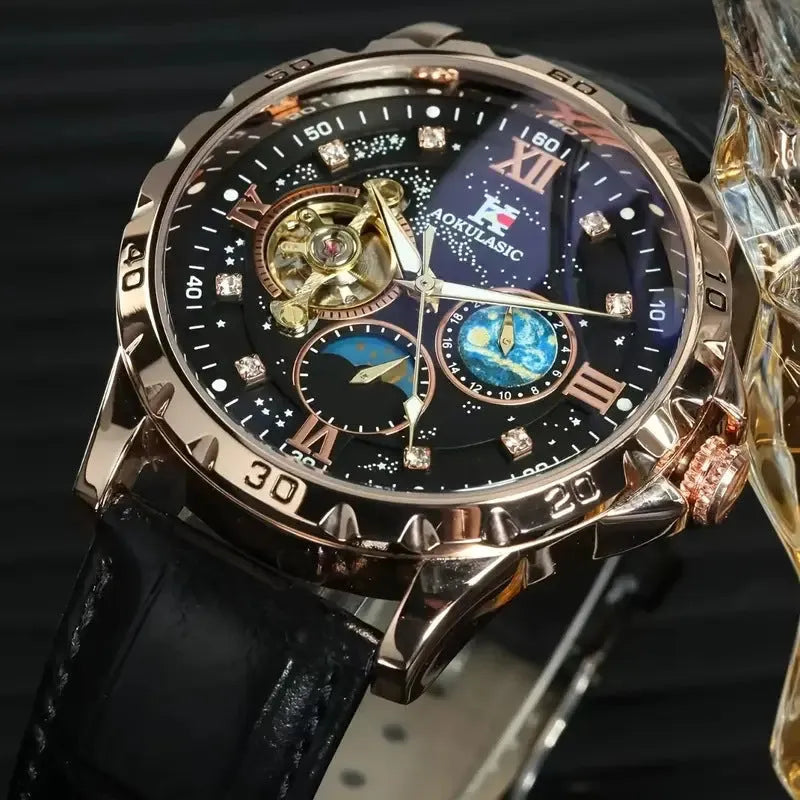 Men's black and rose gold automatic mechanical watch with hollow dial and transparent caseback