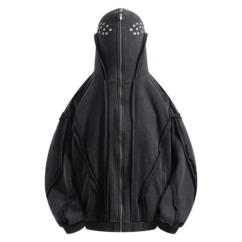 Men's black abstract pattern cotton hooded cardigan coat with zip fastening