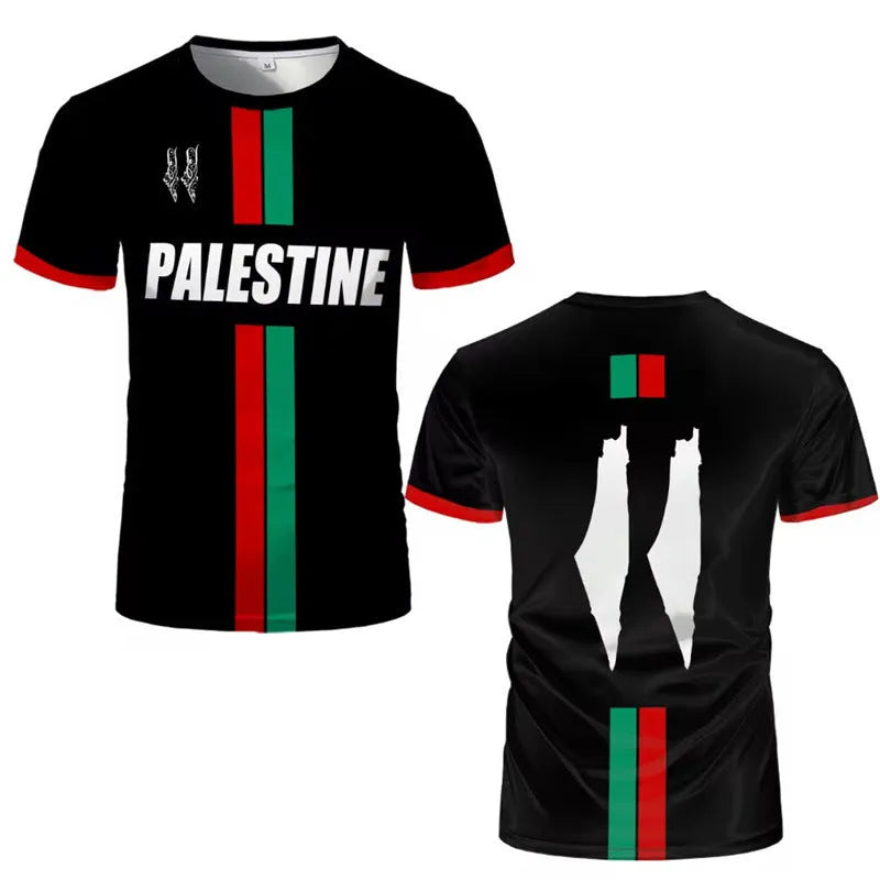 Black football T-shirt with 3D printed design showing half sleeves and stretchy spandex fabric