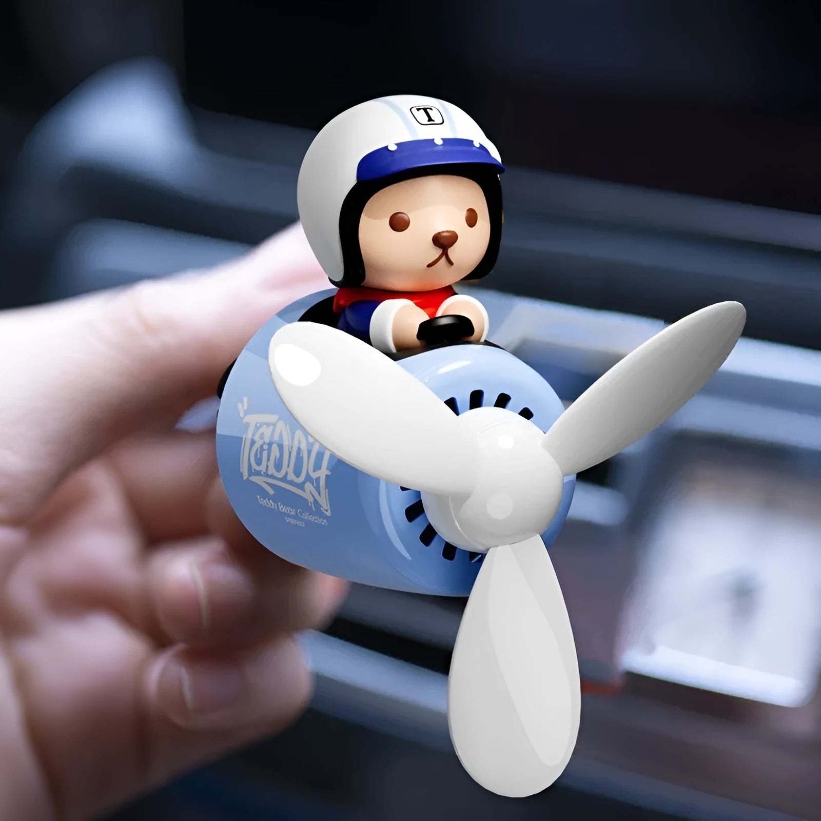 Teddy bear blue car vent aromatherapy ornament with plastic holder and fragrance tablets, 52x60x53mm