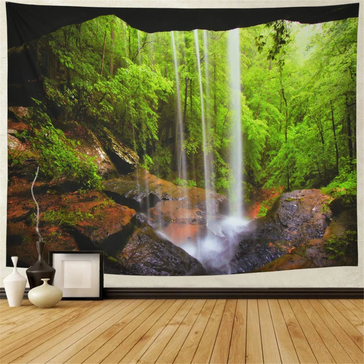 Large polyester wall hanging with natural forest print, bohemian mandala style, available in multiple sizes
