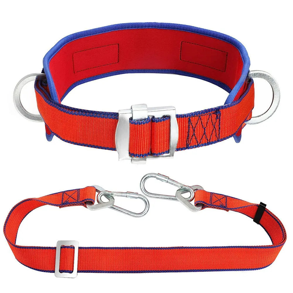 Red electrician safety belt with chest strap and lanyard for climbing and power engineering
