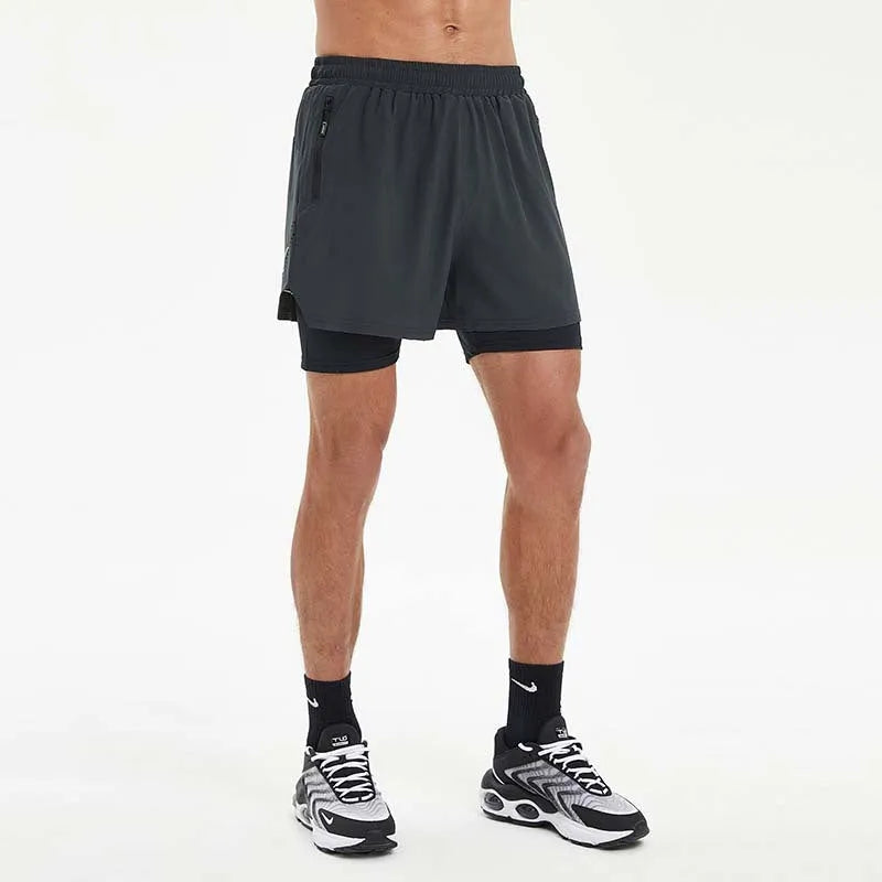 Men's double-layer sports shorts with liner, quick-dry fabric, available in black, dark gray, and light blue